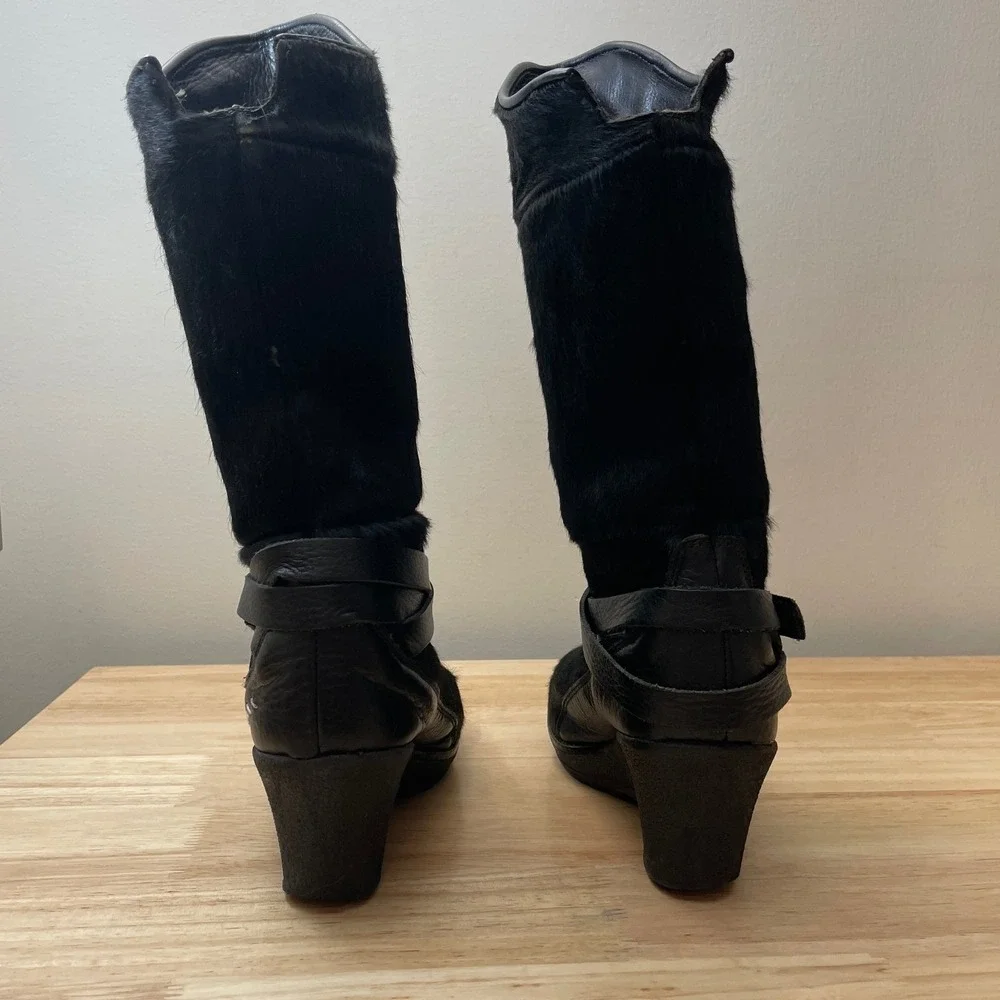 Oscar Sport Italy Black Pony Hair Wedge Boots Faux‎ Shearling Lined Womens 38